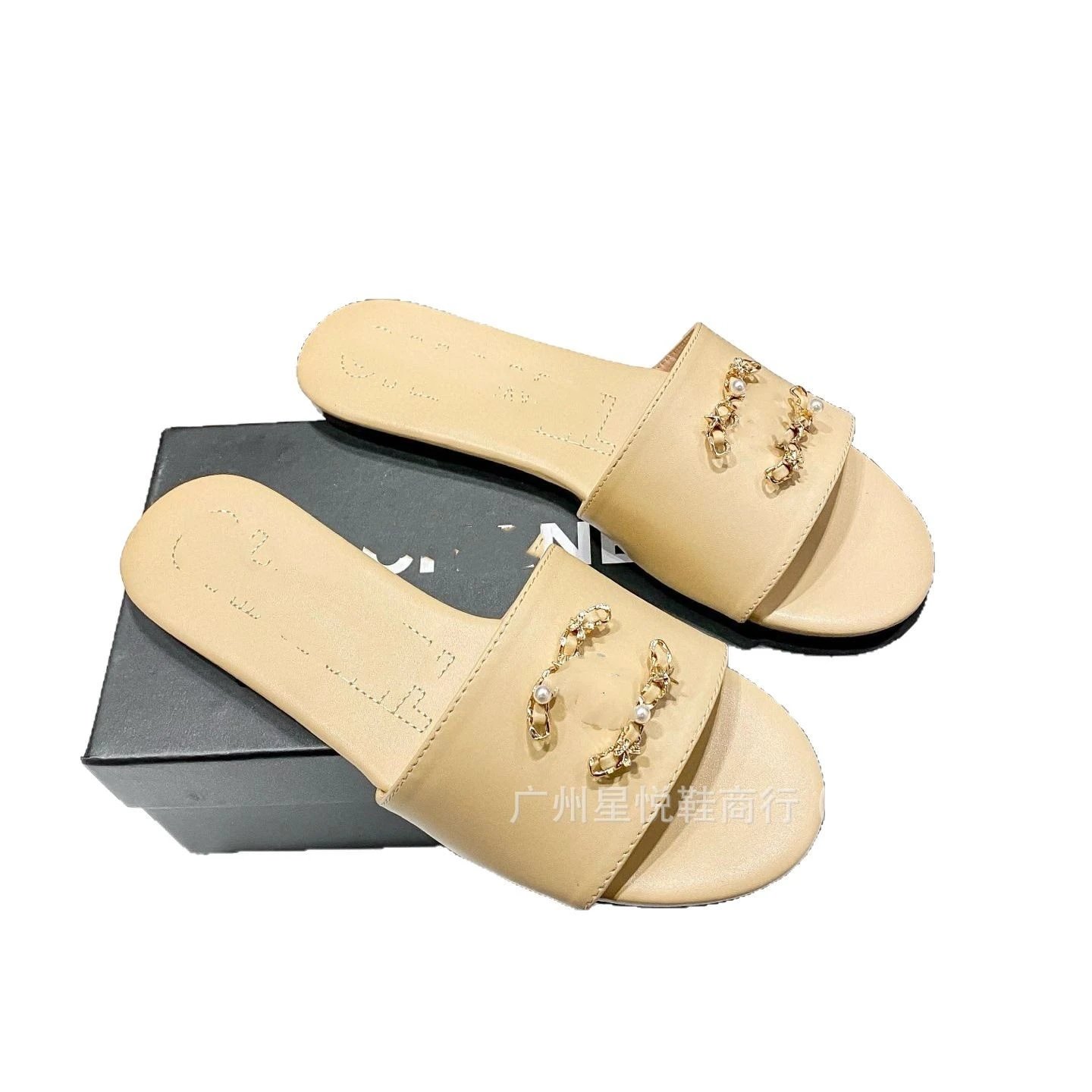 Chanel Slippers Tweed Strap Pearl Chain Slides image 5