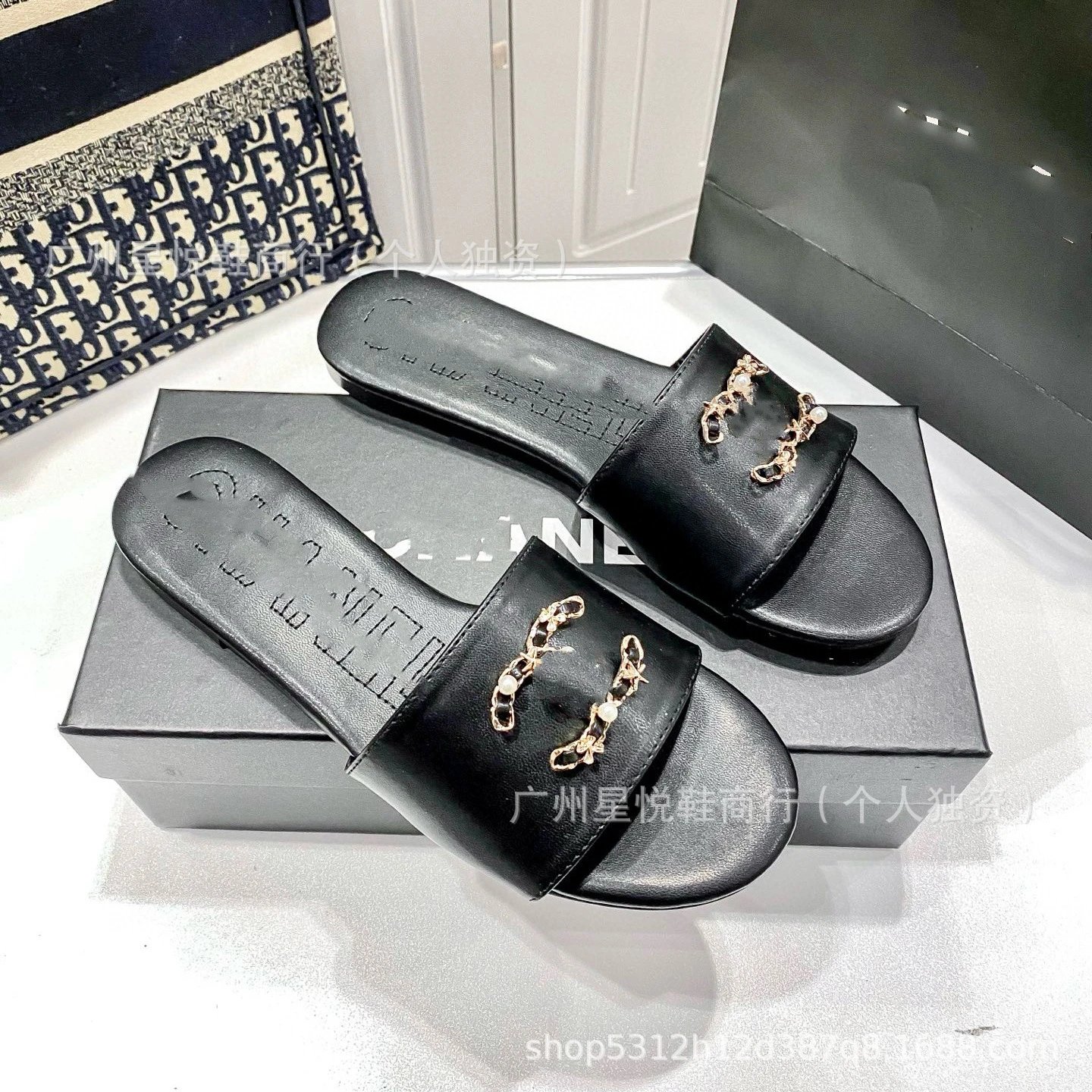 Chanel Slippers Tweed Strap Pearl Chain Slides — Black leather surface