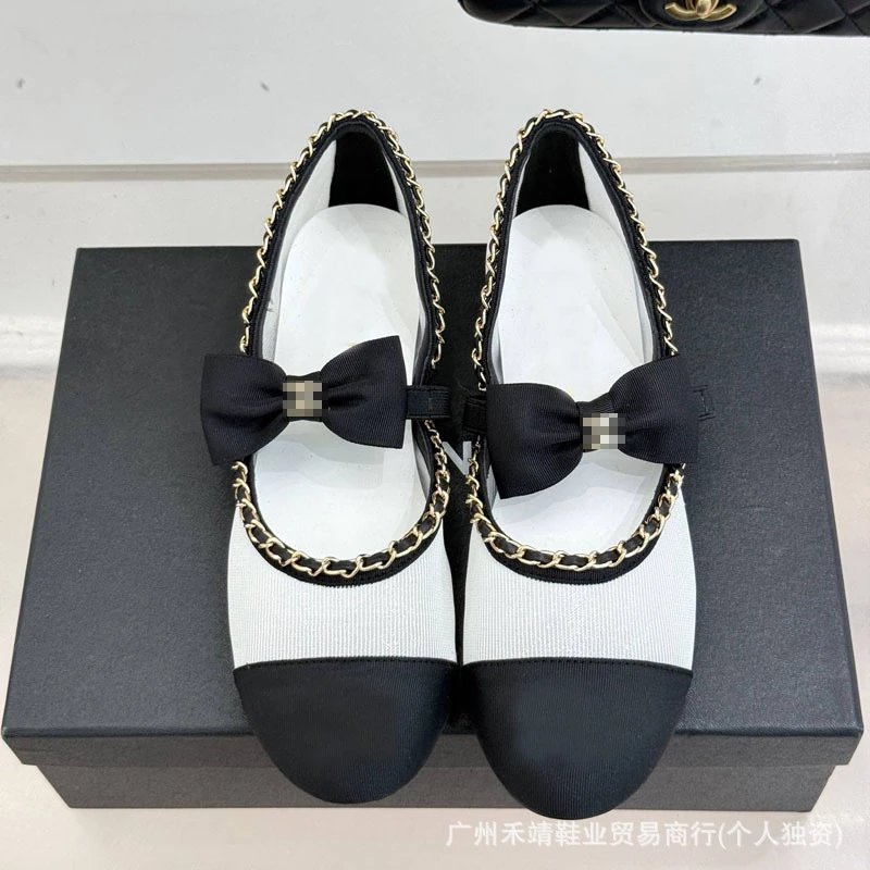 Chanel-inspired Bow Chain Mary Jane Flats Black Shoes - 10