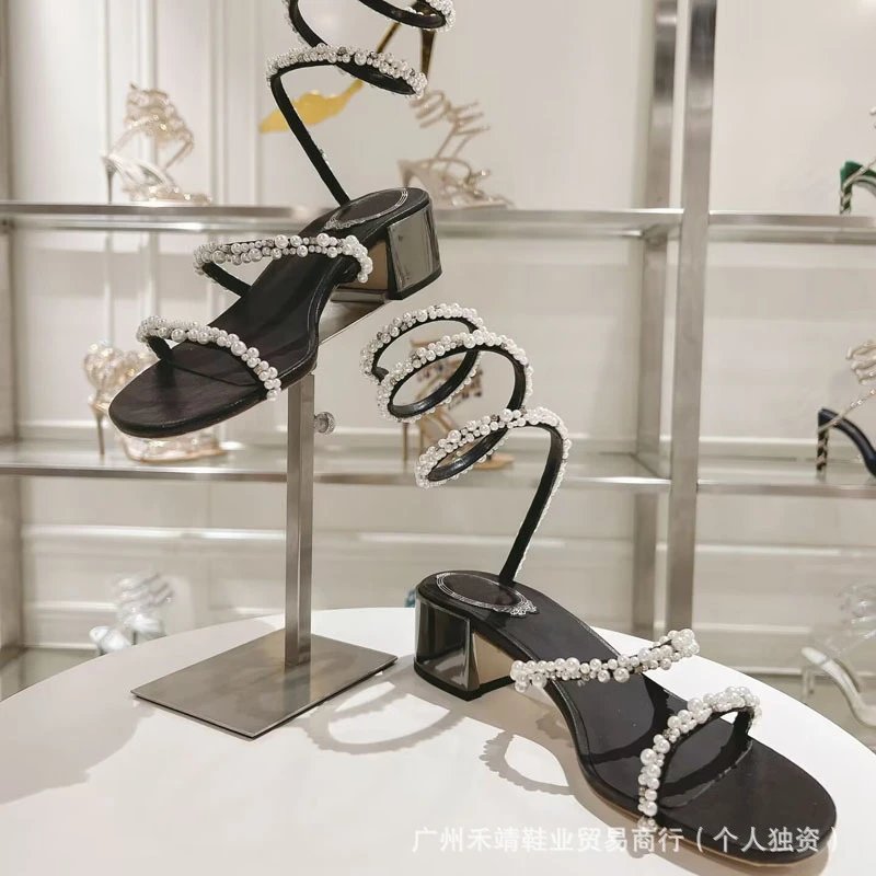 Pearl-Embellished Spiral Strap Block Heel Sandals Black - 4