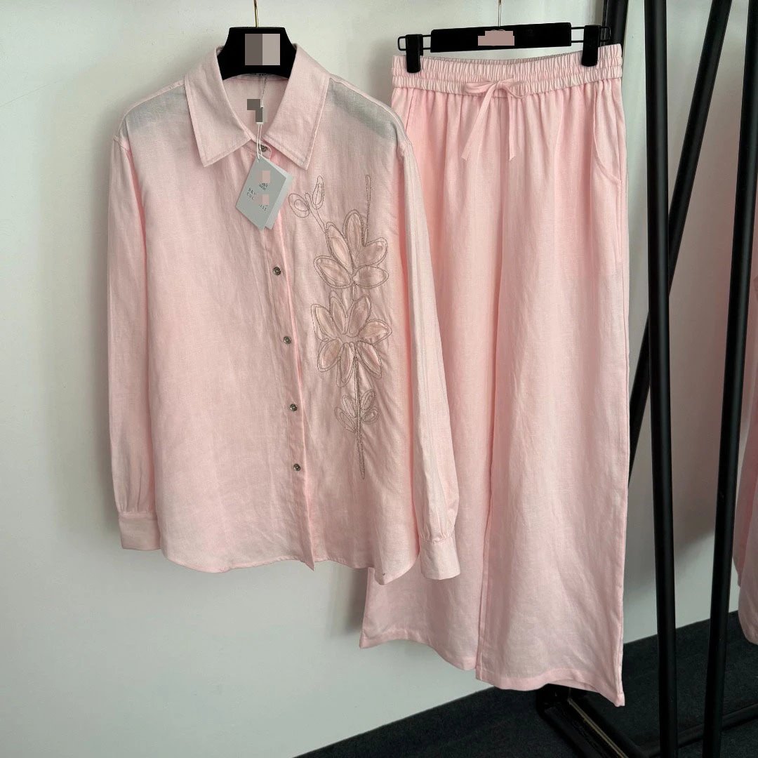 Design Linen Floral Embroidered Shirt and Drawstring Pants Set Beige - 7