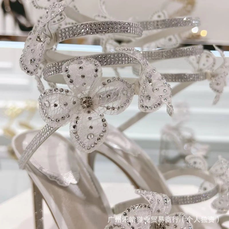 Custom Embellished Floral High-Heel Sandals in Mint Green with Crystal and Mesh Flowers - 9