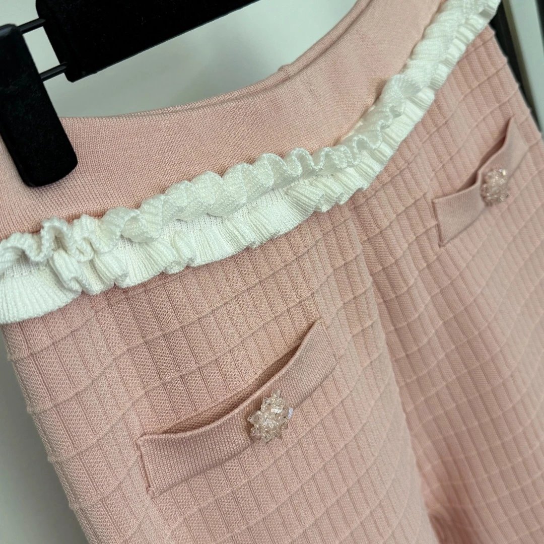 Chanel-Inspired Ruffled Waist Tweed Pants Pink - 14