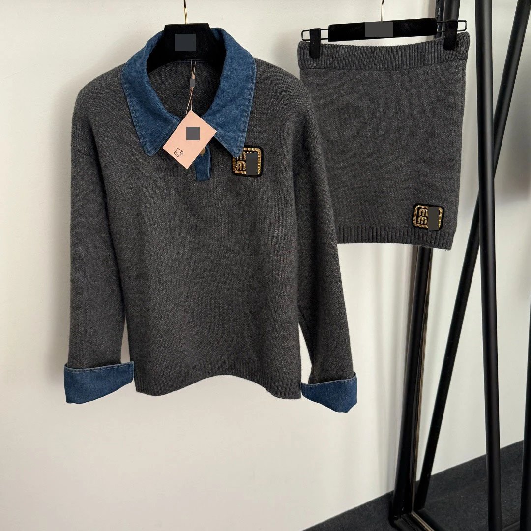Fendi FF Logo Denim-Collar Knit Sweater and Skirt Set Black - 4