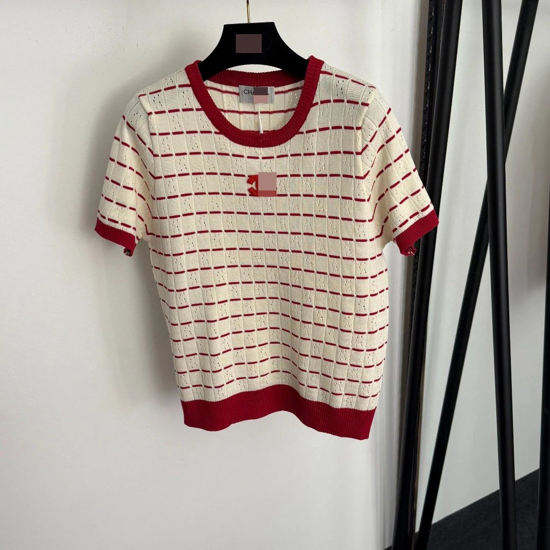 Chanel Knit Top and Wide-Leg Pants Set Beige with Red Grid Pattern Clothing Set - 7