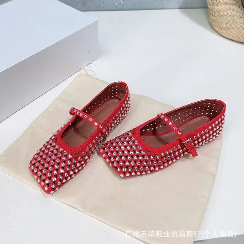 Design Crystal-Embellished Perforated Mary Jane Flats Beige Shoes - 10