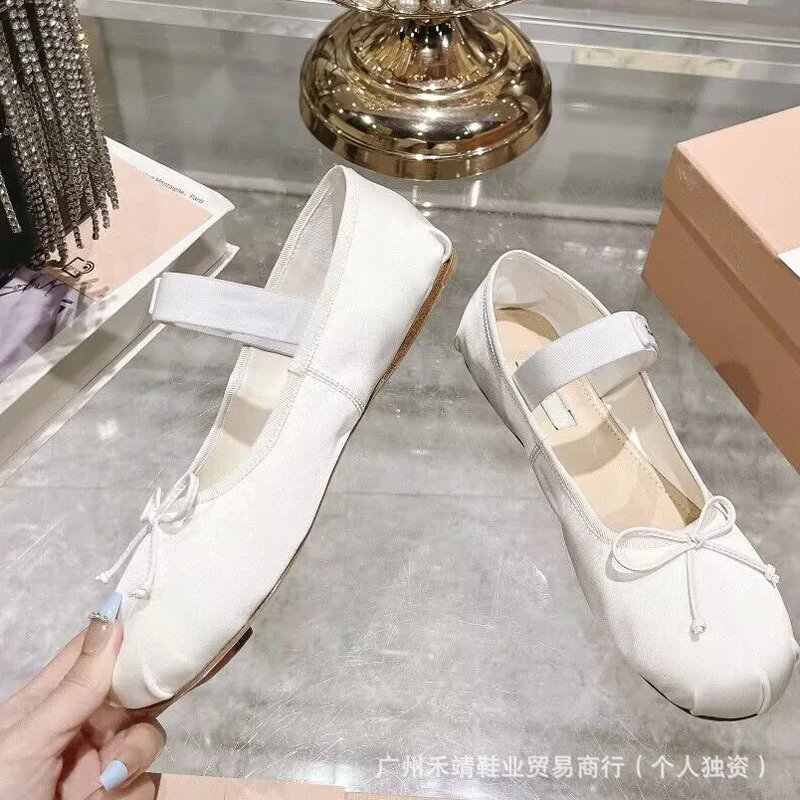 Ballet Flat with Bow Detail Beige Canvas Shoes - 3
