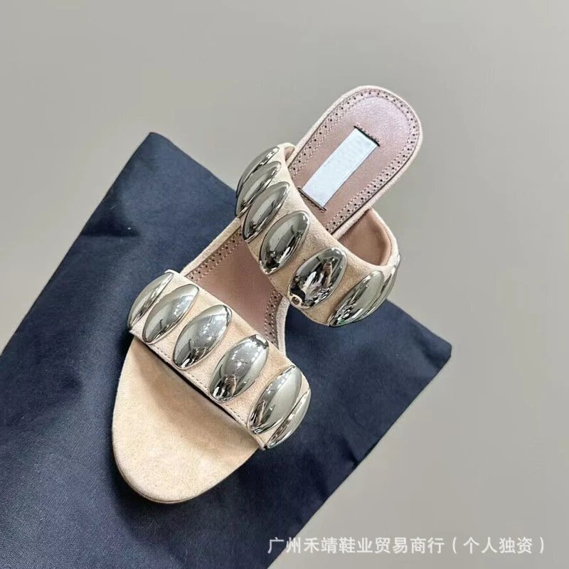 Valentino Garavani Rockstud Flat Mules Beige Sandals - 2