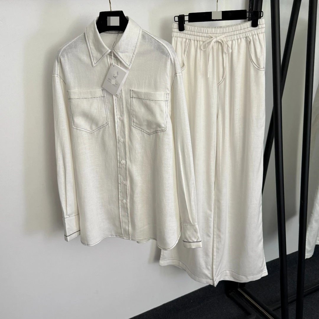 Design Linen-Blend Shirt and Wide-Leg Pants Set Beige Casual Set - 8