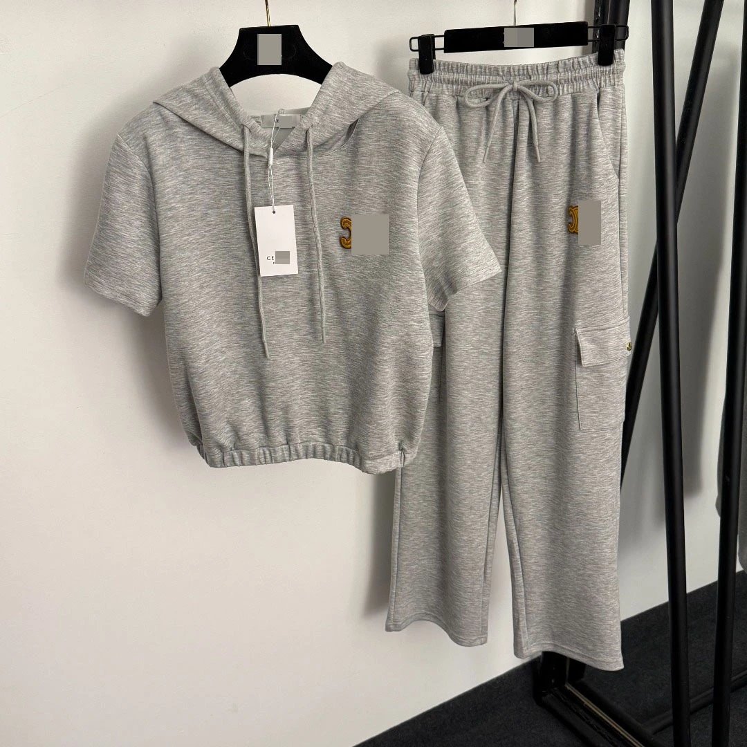 GRA Short-Sleeve Cropped Hoodie and Cargo Sweatpants Set Beige - 5