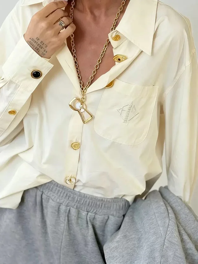Unbranded Shirts Long-Sleeve Button-Up Shirt with Embroidered Chest Pocket and Gold-Tone Buttons product detail image 2