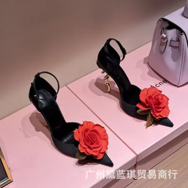 Christian Louboutin Rose-Embellished Ankle-Strap Stilettos Black Heels - 6