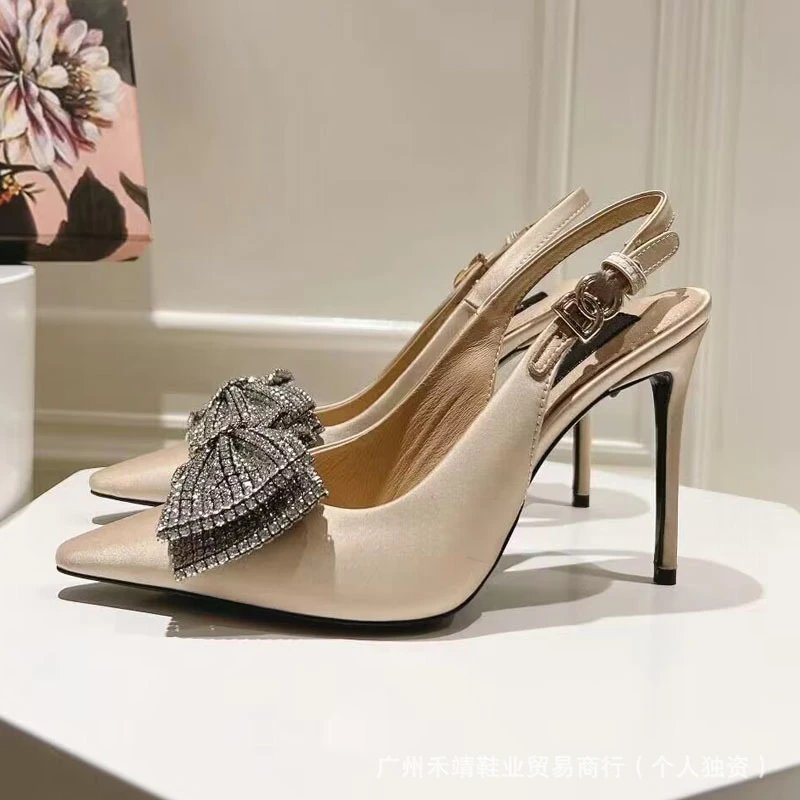 Design Crystal Bow Slingback Stiletto Heels Beige - 6