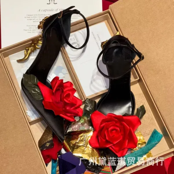 Christian Louboutin Rose-Embellished Ankle-Strap Stilettos Black Heels - 1