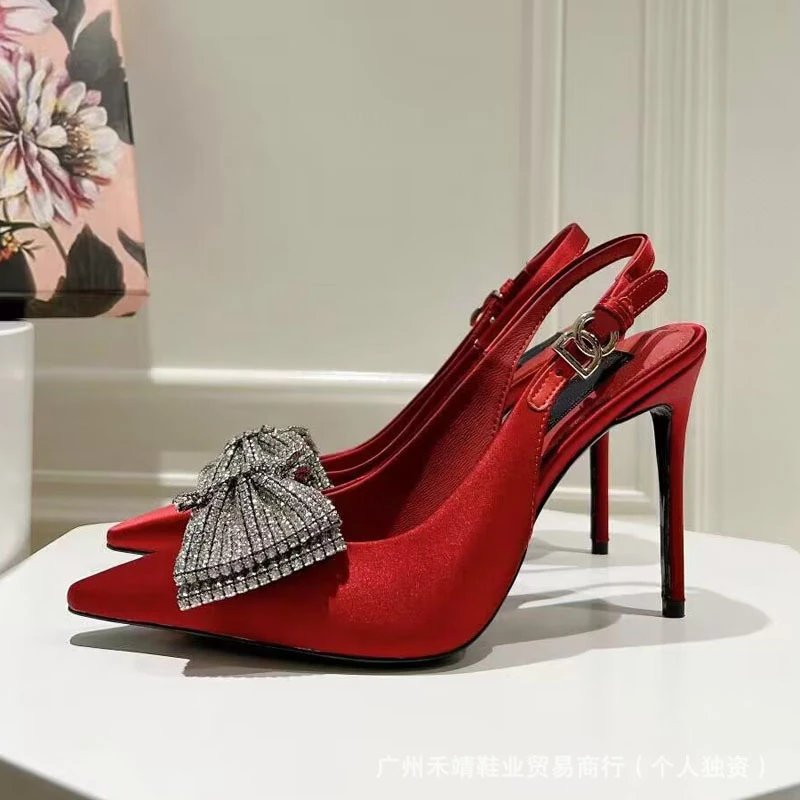 Design Crystal Bow Slingback Stiletto Heels Beige - 9