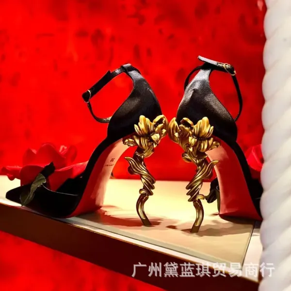 Christian Louboutin Rose-Embellished Ankle-Strap Stilettos Black Heels - 10
