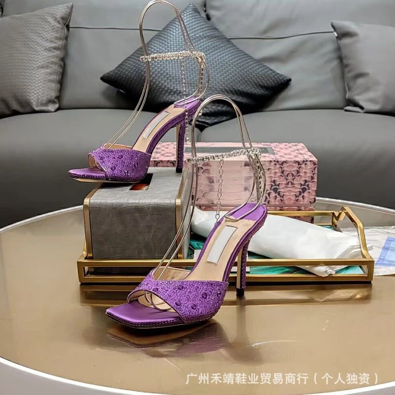 Design Pink Lace-Embellished Crystal Strap Block Heel Sandals - 4