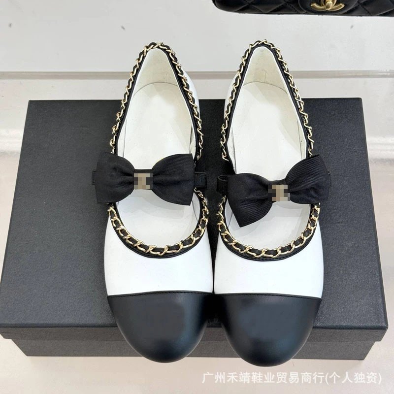 Chanel-inspired Bow Chain Mary Jane Flats Black Shoes - 5