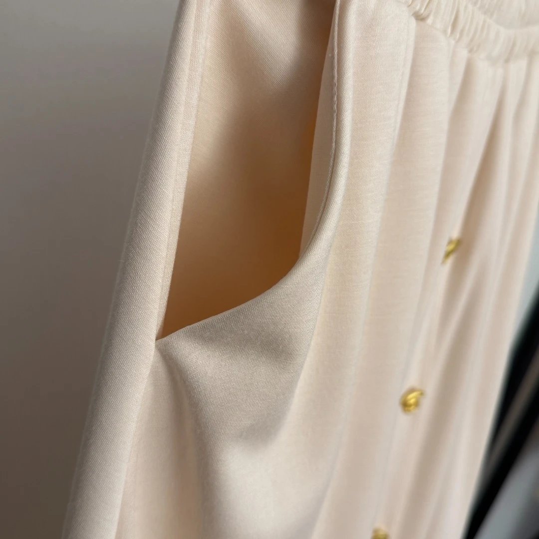 Beige Button-Front Skirt Set with Cropped T-Shirt - 11