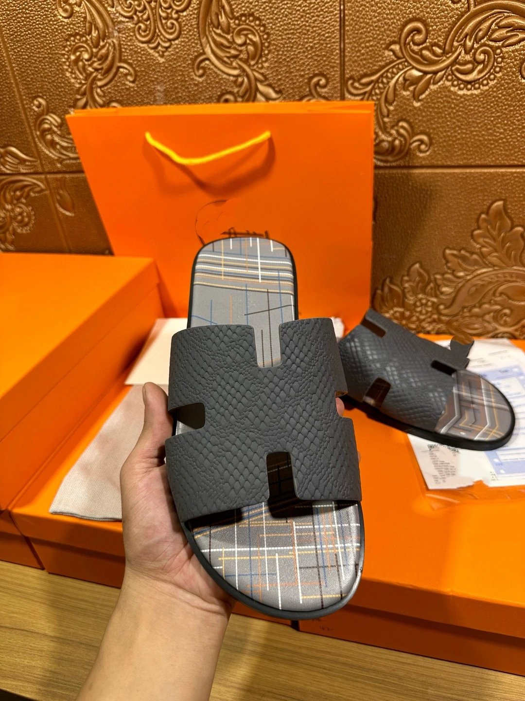Hermès Oran Slide Navy Python-Embossed Plaid Slipper - 3