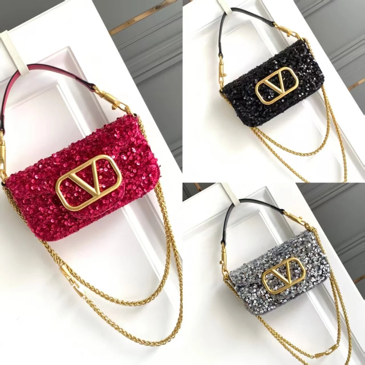 Valentino Garavani VLogo Mini Chain Bag Black Sequin Shoulder Bag - 3