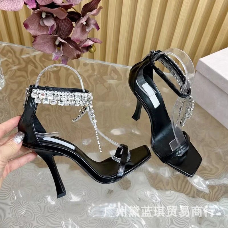 Transparent Strap Chain-Embellished Black Square-Toe Stiletto Heels - 3