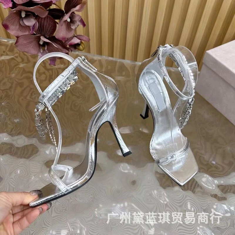 Transparent Strap Chain-Embellished Black Square-Toe Stiletto Heels - 7