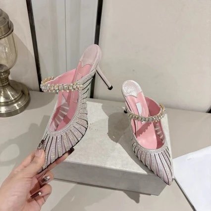 Crystal-Embellished Pointed-Toe Mule Heel in Light Pink - 4