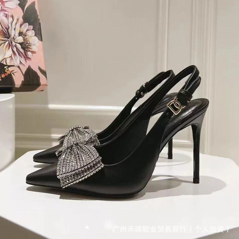 Design Crystal Bow Slingback Stiletto Heels Beige - 2