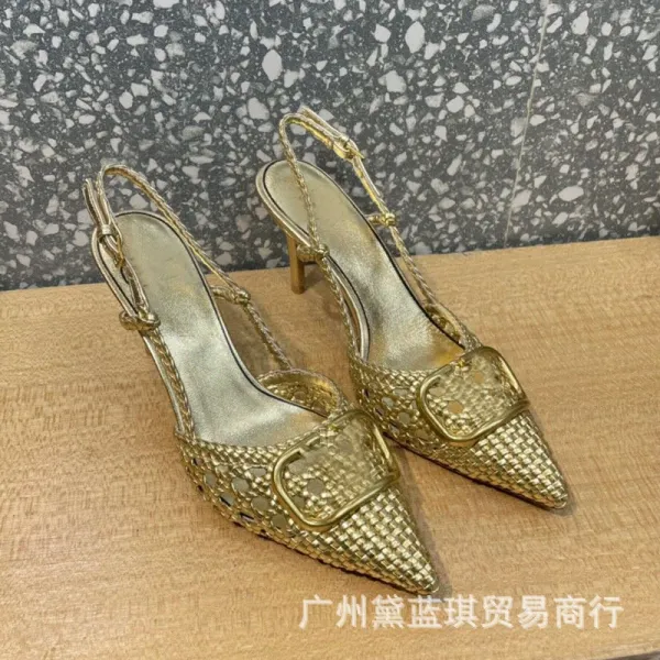 Gold Woven Slingback Stiletto Heels - 1