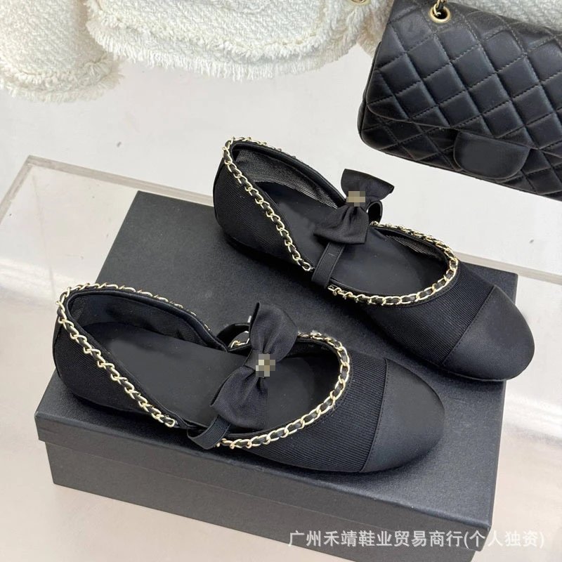Chanel-inspired Bow Chain Mary Jane Flats Black Shoes - 9