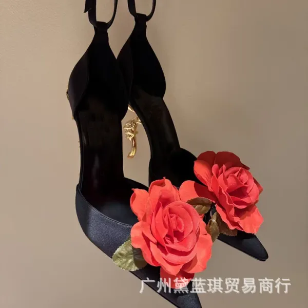Christian Louboutin Rose-Embellished Ankle-Strap Stilettos Black Heels - 7