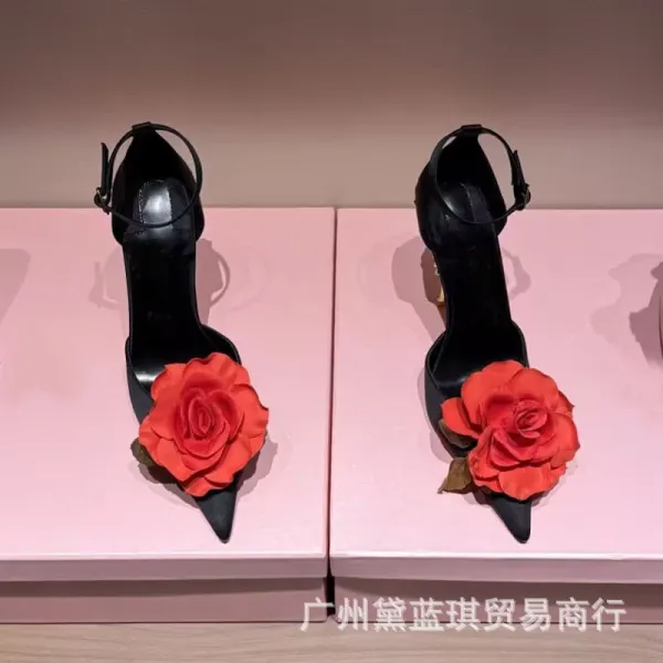 Christian Louboutin Rose-Embellished Ankle-Strap Stilettos Black Heels - 4