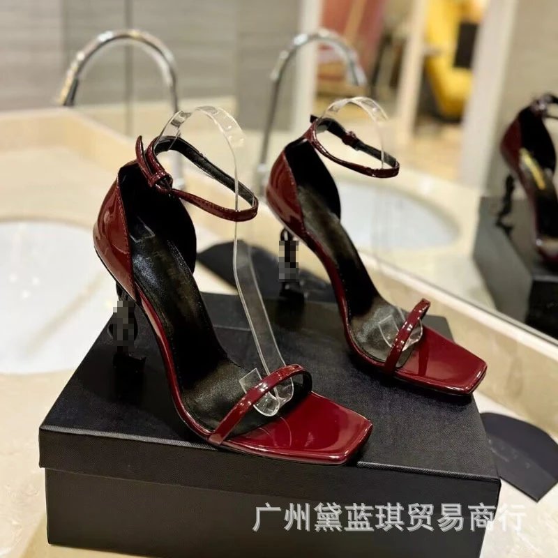 Red Patent Leather Square-Toe Ankle-Strap Block Heels - 11