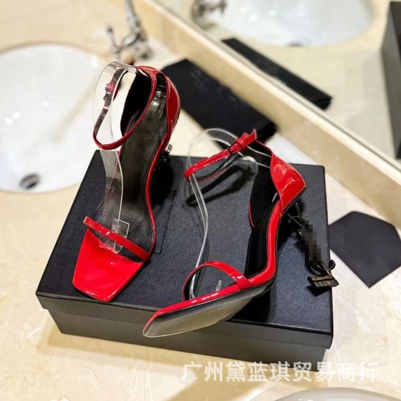 Red Patent Leather Square-Toe Ankle-Strap Block Heels - 2