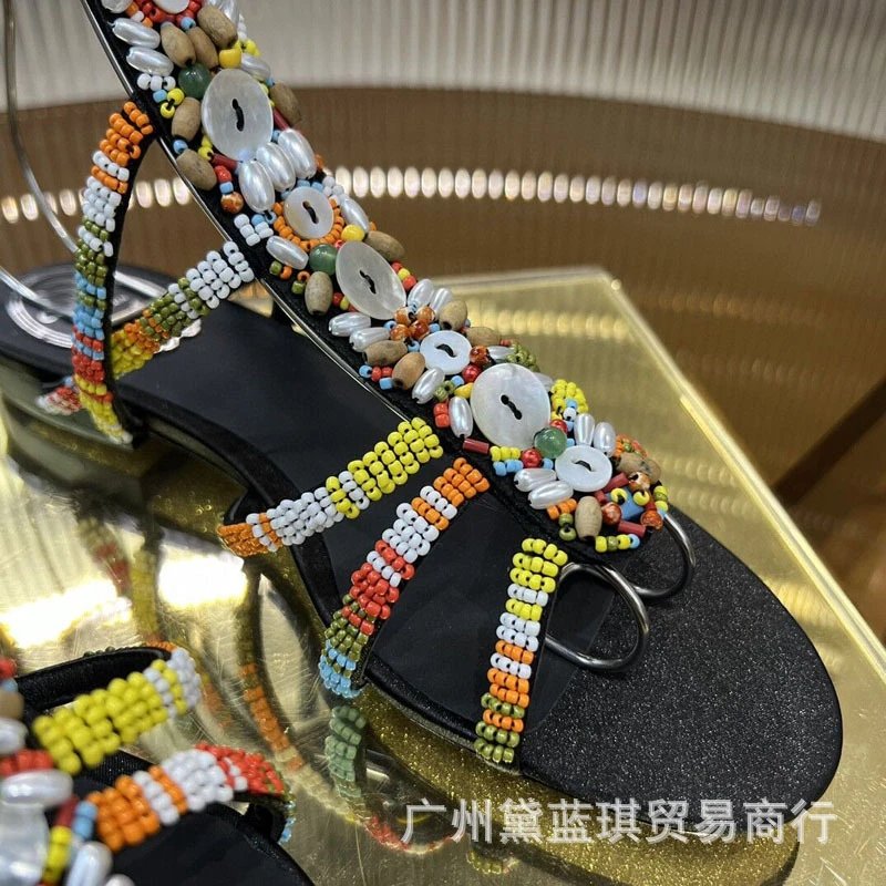 Multicolor Beaded Gladiator Sandals with Metal Straps Black Heels - 8