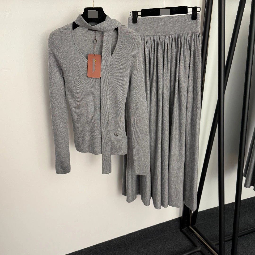 Beige Knit Wrap Cardigan and Pleated Skirt Set - 7