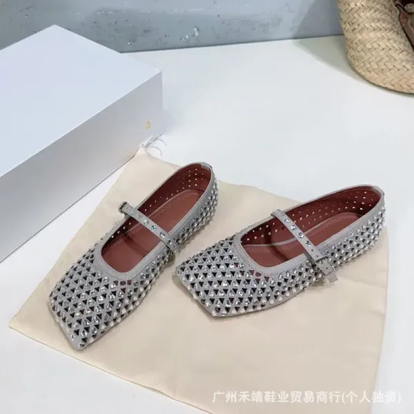 Silver Crystal-Embellished Mary Jane Flat Shoes - 1