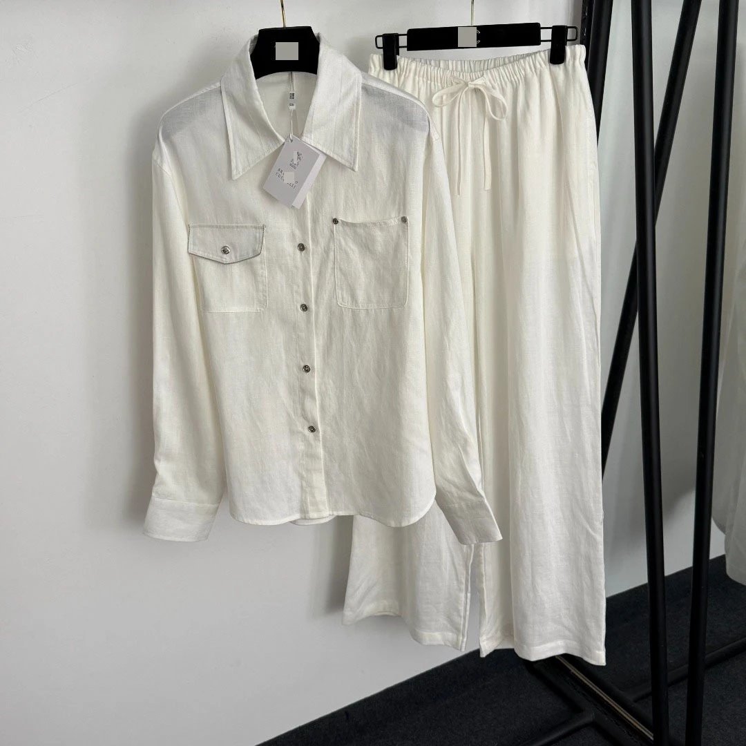 Olive Green Linen-Blend Shirt and Wide-Leg Pants Set - 8