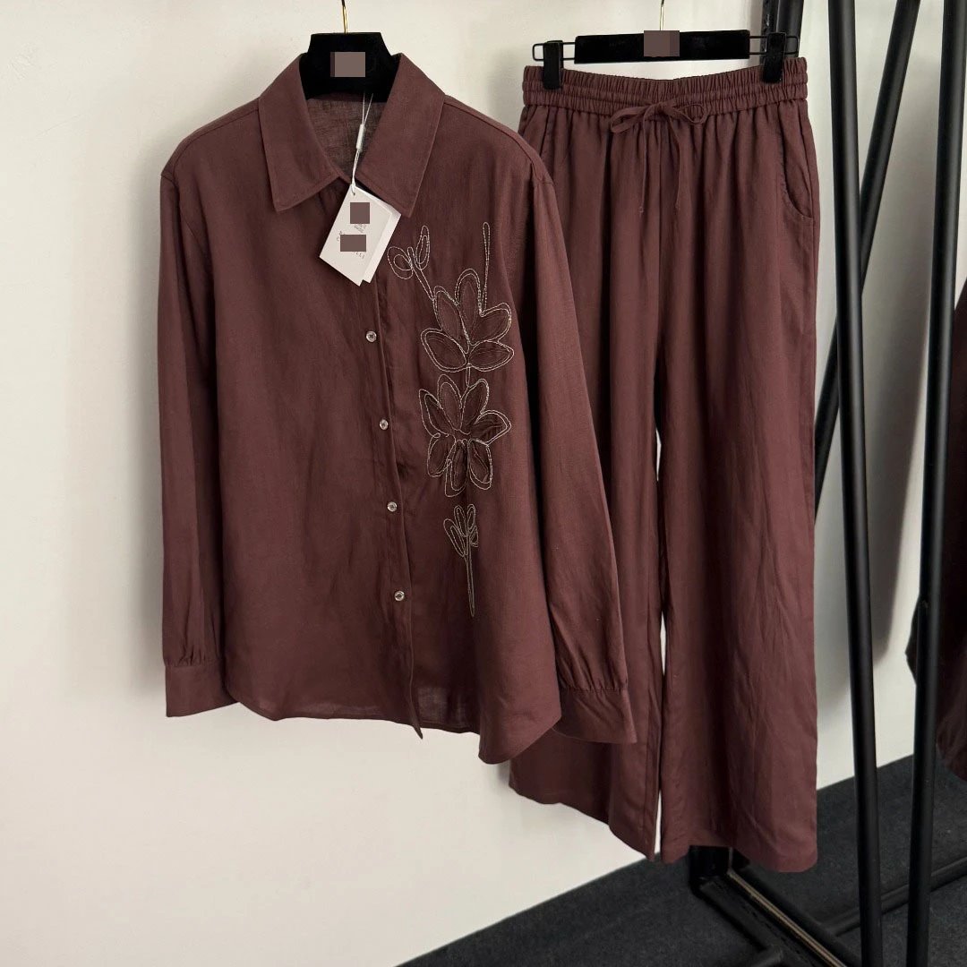 Design Linen Floral Embroidered Shirt and Drawstring Pants Set Beige - 5