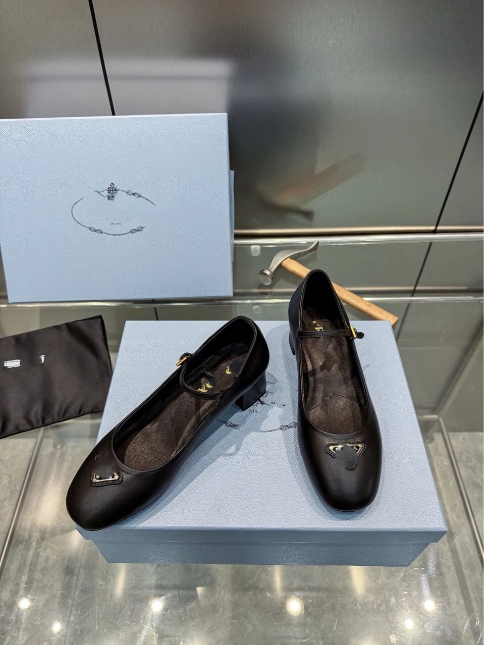 Prada Mary Jane Block Heel Black Leather Shoes - 6
