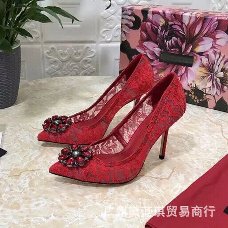 Dolce & Gabbana Lace-Embellished Crystal Floral Pointed-Toe Stilettos Blue - 6