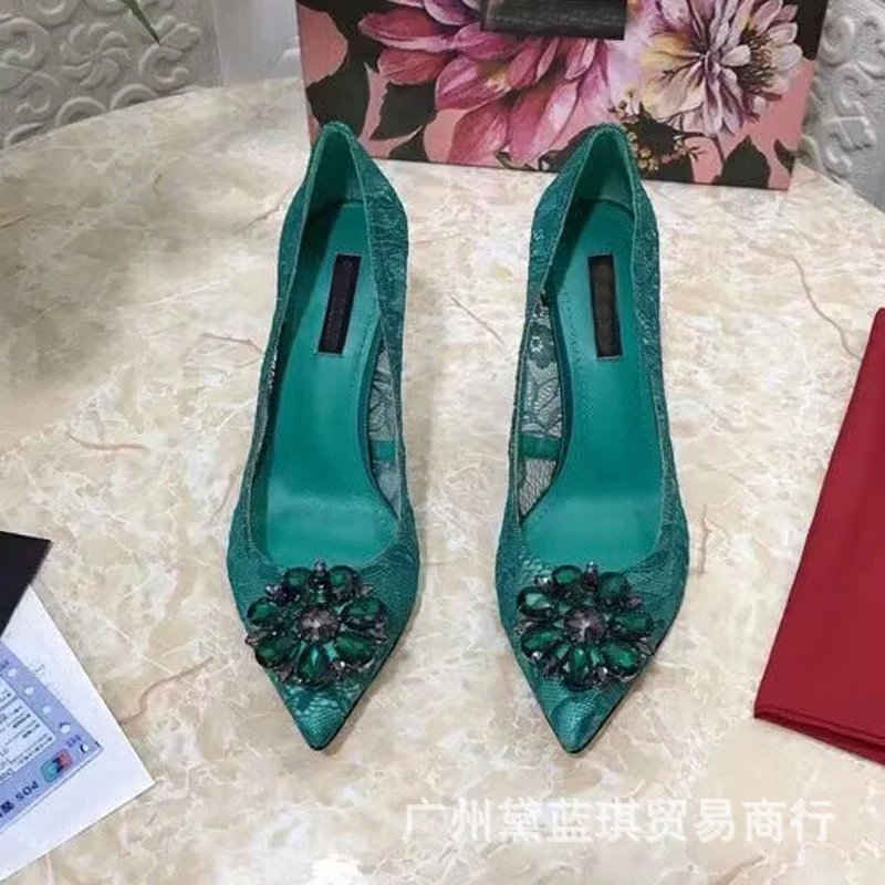 Dolce & Gabbana Lace-Embellished Crystal Floral Pointed-Toe Stilettos Blue - 2