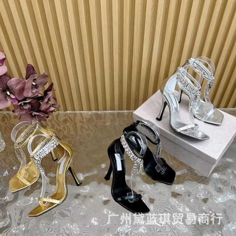 Transparent Strap Chain-Embellished Black Square-Toe Stiletto Heels - 2