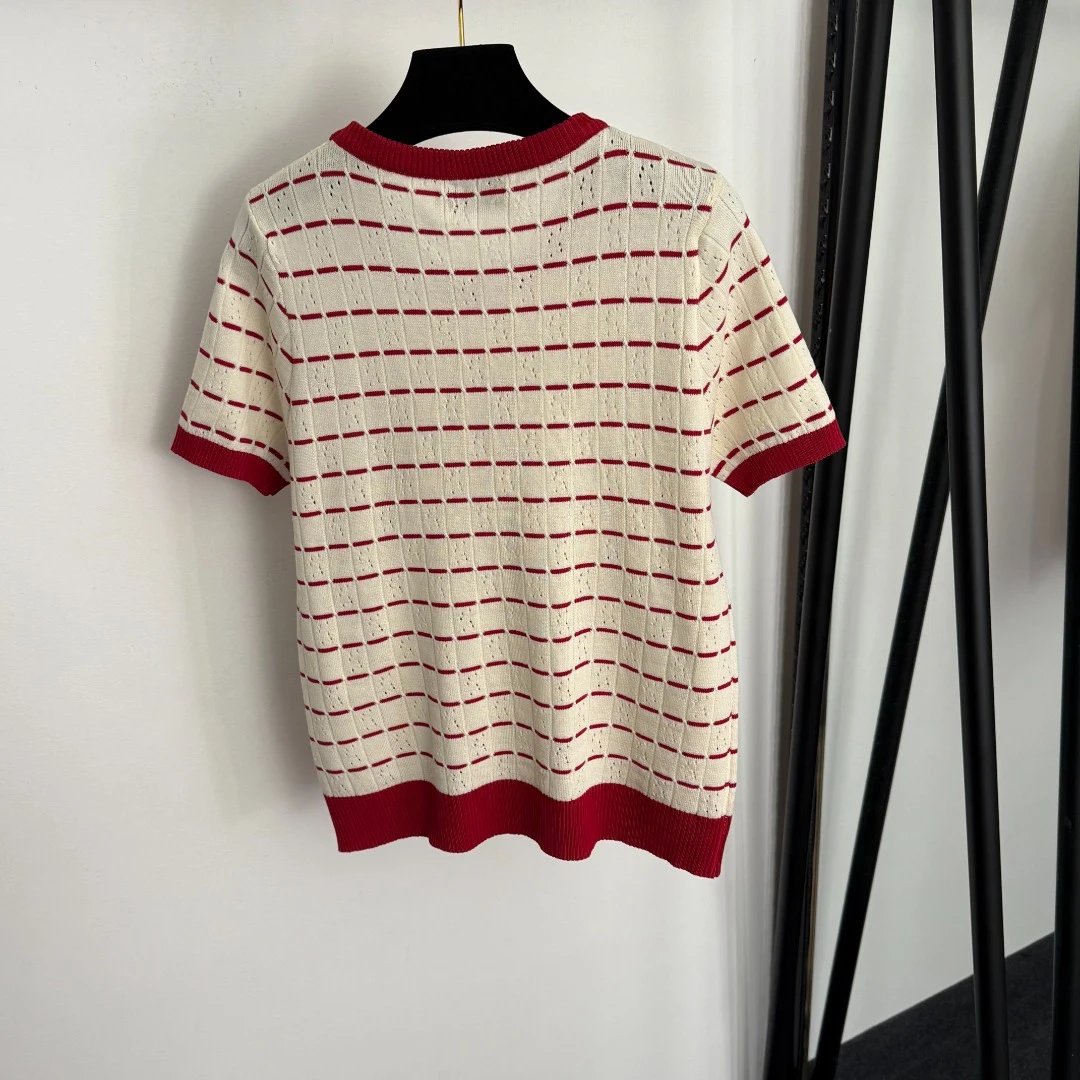 Chanel Knit Top and Wide-Leg Pants Set Beige with Red Grid Pattern Clothing Set - 8