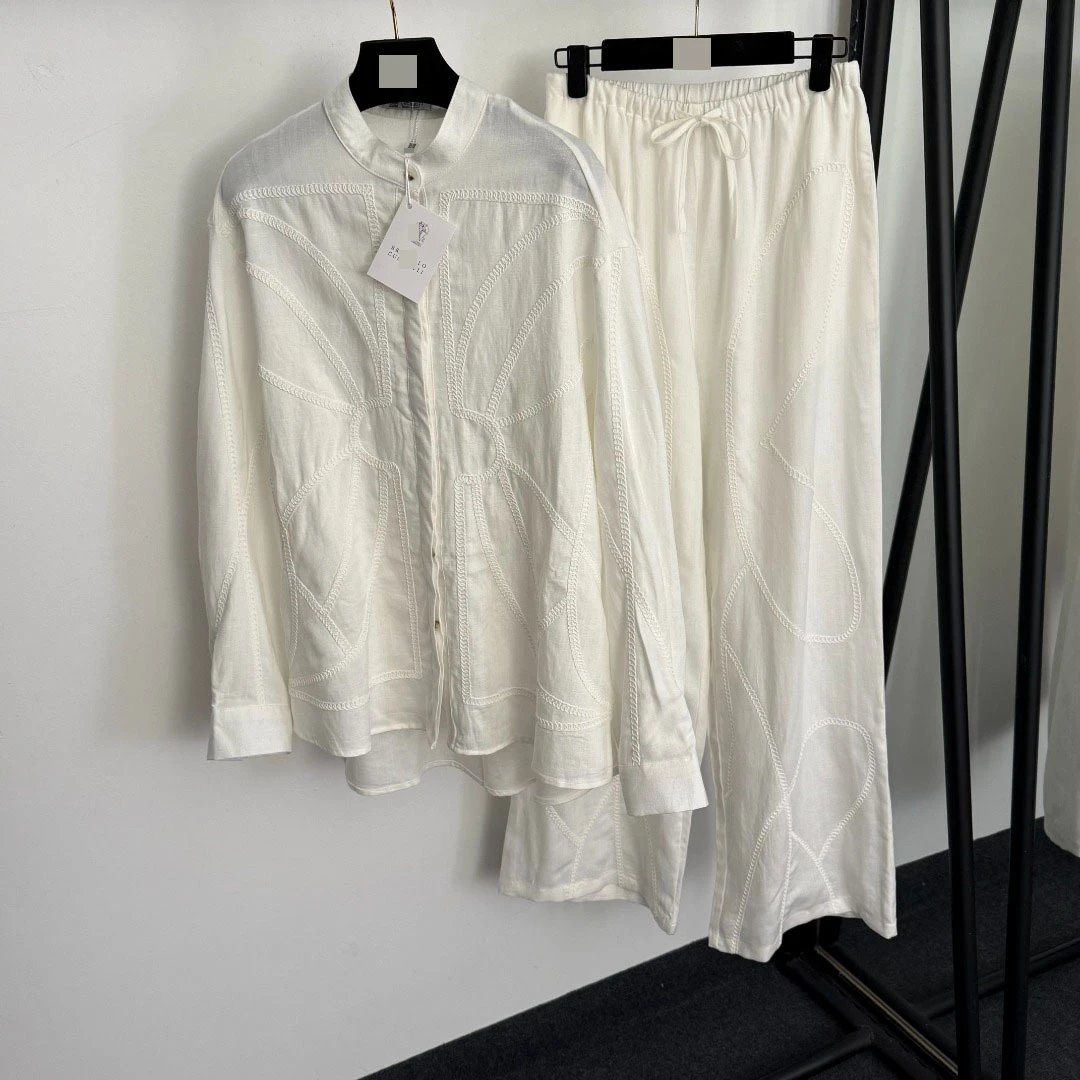 Design Linen-Blend Embroidered Green Set: Shirt and Wide-Leg Pants - 10