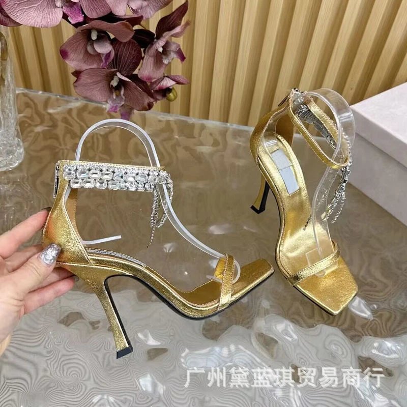 Transparent Strap Chain-Embellished Black Square-Toe Stiletto Heels - 11