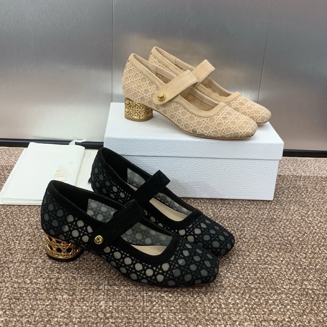 Dior J'Adior Mary Jane Heels Black Laser-Cut Mesh with Gold Cage Heel - 2