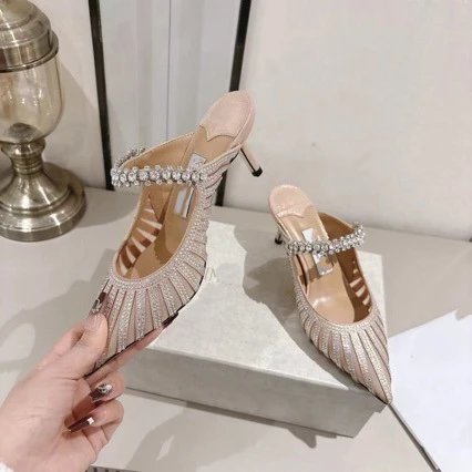 Crystal-Embellished Pointed-Toe Mule Heel in Light Pink - 5