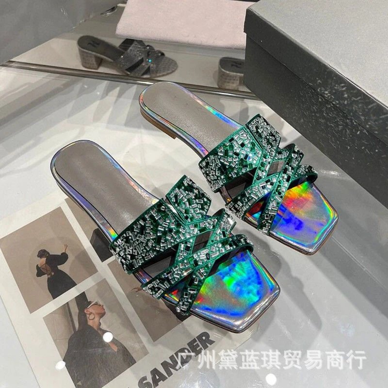 Emerald Crystal-Embellished Holographic Square-Toe Slide Sandals